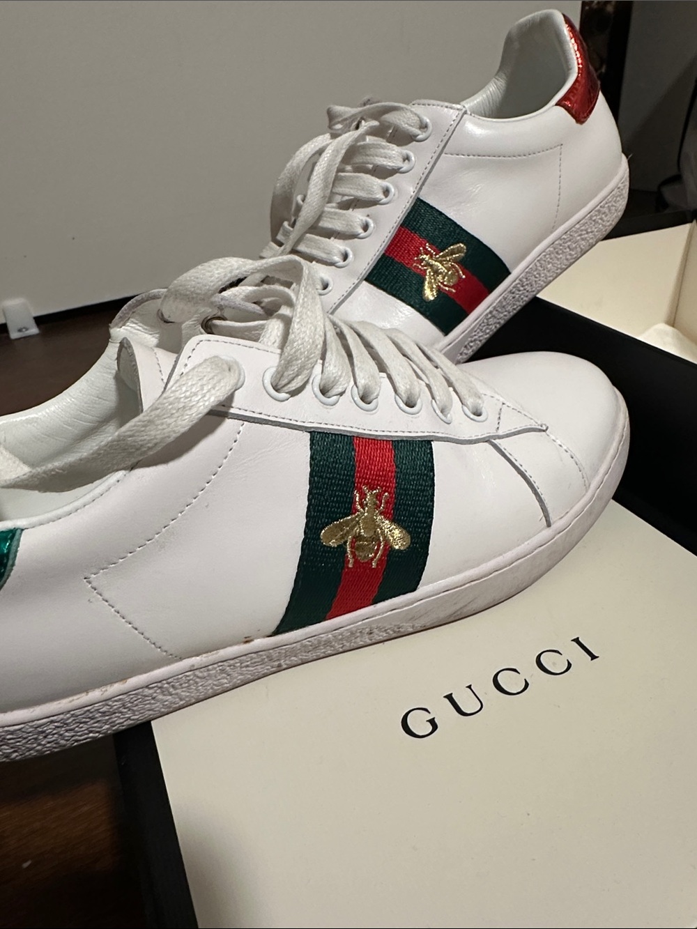 Gucci White Leather Sneakers with Green and Red Web and Gold Bee